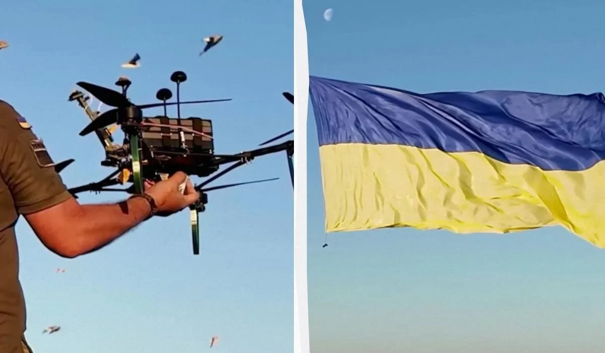 Синьо-жовтий прапор 12 на 6 метрів, розгорнутий безпілотником над Чорним морем на Одещині